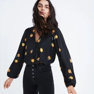 Madewell Black Blouse with Yellow Floral Design Size XS